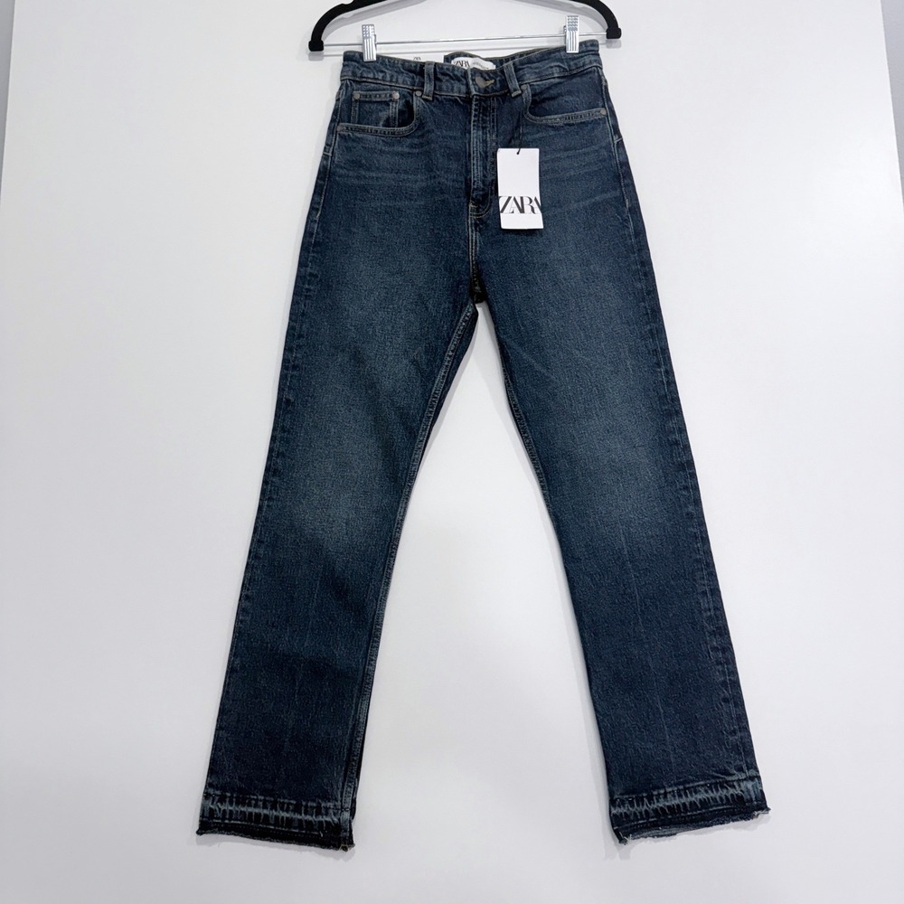 Zara Jeans Womens 6 Blue High Rise Straight Leg Ankle Length Raw Hem Denim